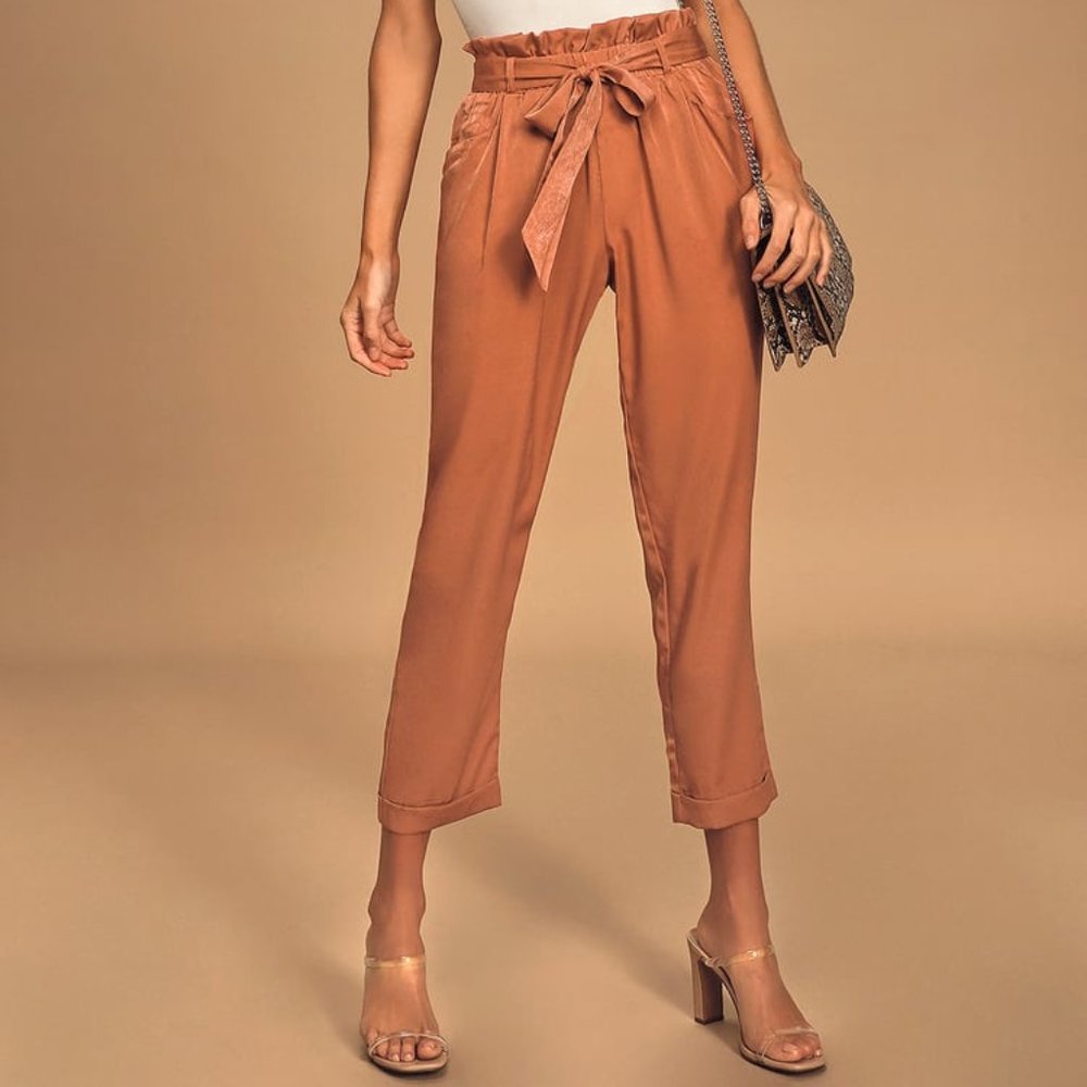 Lulu's Terra Cotta Satin Paper Bag Waist Pants